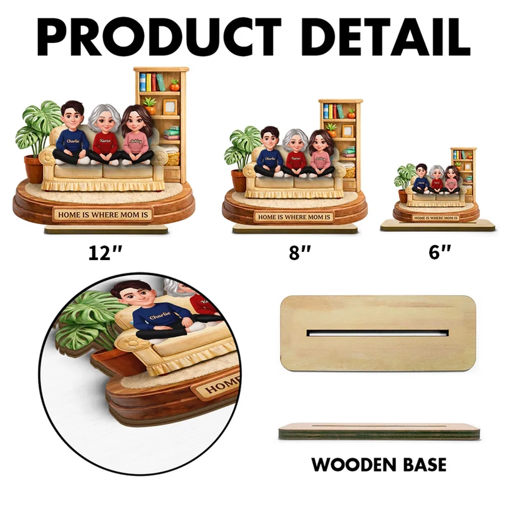 Personalized 2-Layer Wooden Plaque, Home Is Where Mom Is Couch Family Scene, Unique Gift for Mom