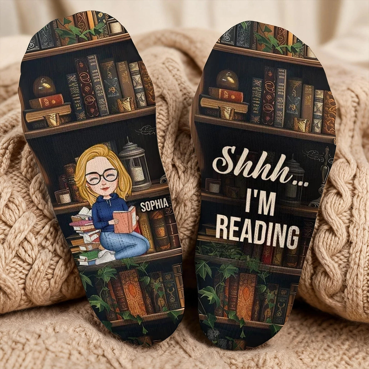Shhh I'm Reading Personalized Crew Socks, Woman Reading by Vintage Bookshelves, Creative Gift for Mom