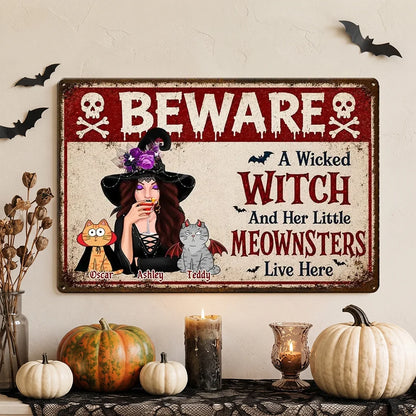 Personalized Rectangular Iron Sign, Witch Sipping with Costumed Cats, Unique Halloween Gift for Cat Lovers