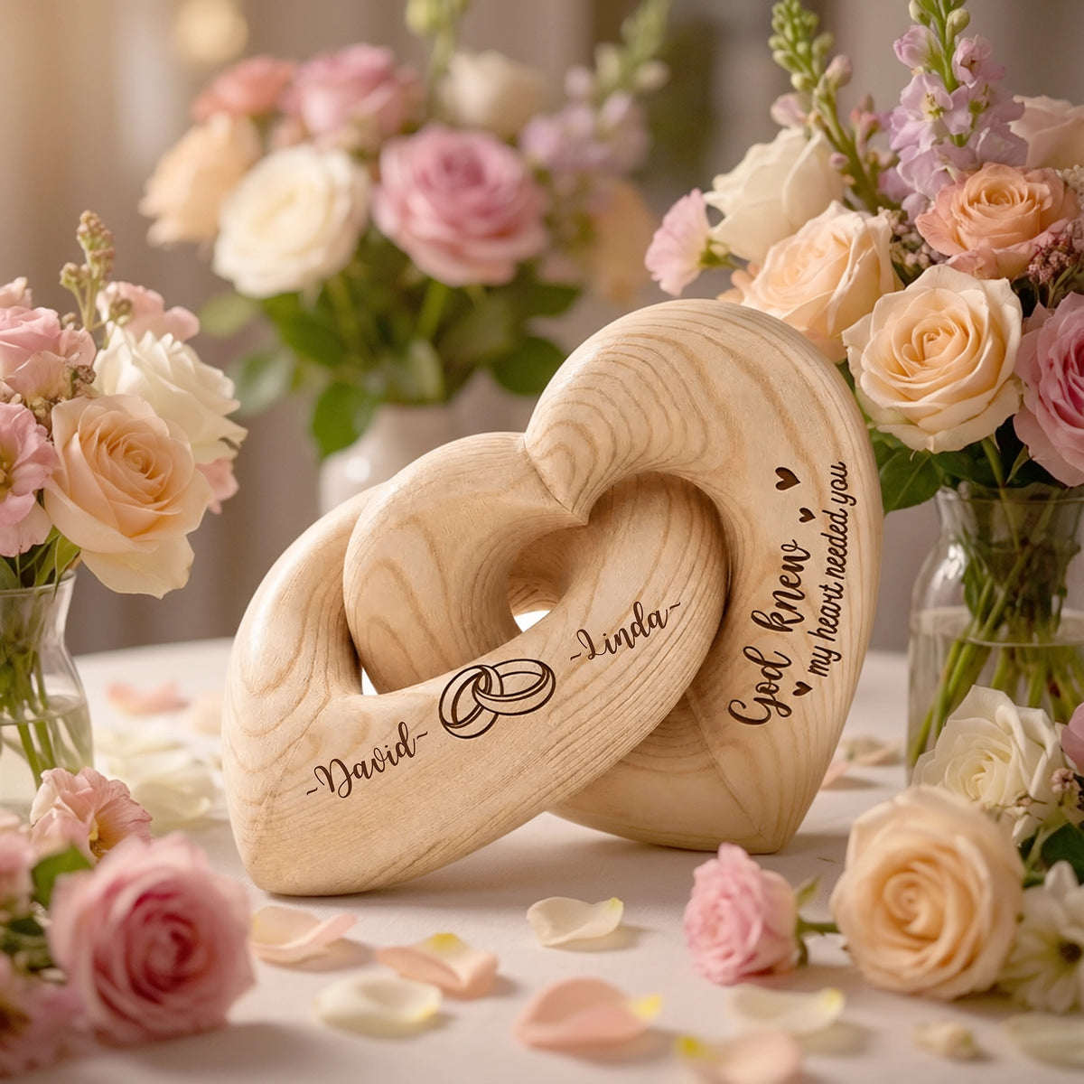 Engraved Infinity Heart Sculpture, Personalized Couple Keepsake with Rings, Unique Gift for Wife or Husband