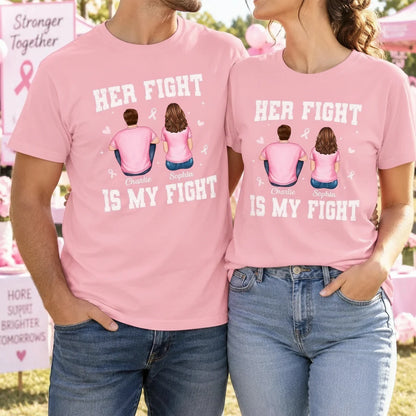Her Fight Is My Fight Classic Tee, Personalized Seated Couple Illustration, Breast Cancer Awareness Support, Creative Gift