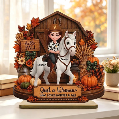 Personalized 2-Layer Wooden Plaque, Cowgirl Riding a Horse by an Autumn Barn, Unique Gift for Horse Lovers