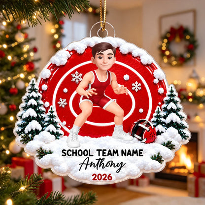 Personalized Acrylic Ornament, Young Wrestler in Action on a Snowy Mat, Unique Christmas Gift for Kids