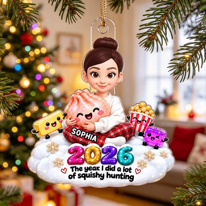 Personalized Acrylic Ornament, Cute Girl Hugging Squishy Toys in Snow, Unique Christmas Gift for Kids