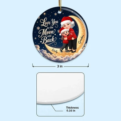 Personalized Ceramic Ornament, Hugging Grandma and Granddaughter on a Navy and Gold Moon, Unique Christmas Gift