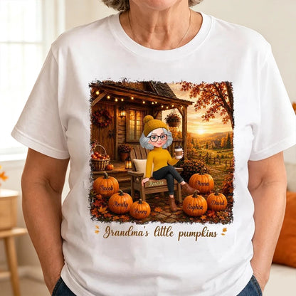Personalized Classic Tee, Grandma Sitting on Fall Porch, Unique Gift from Grandkids