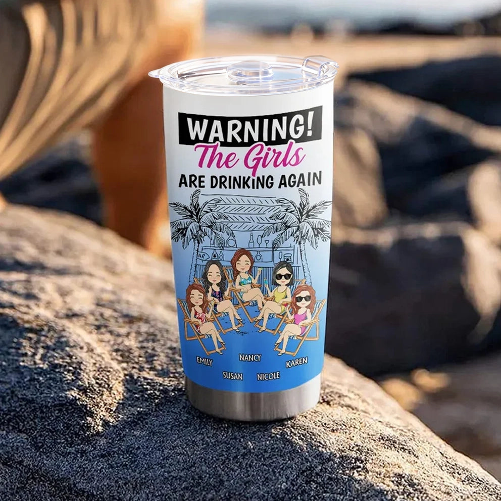 Personalized Insulated Travel Tumbler, Tropical Friends Sipping Drinks, Unique Gift for Best Friend