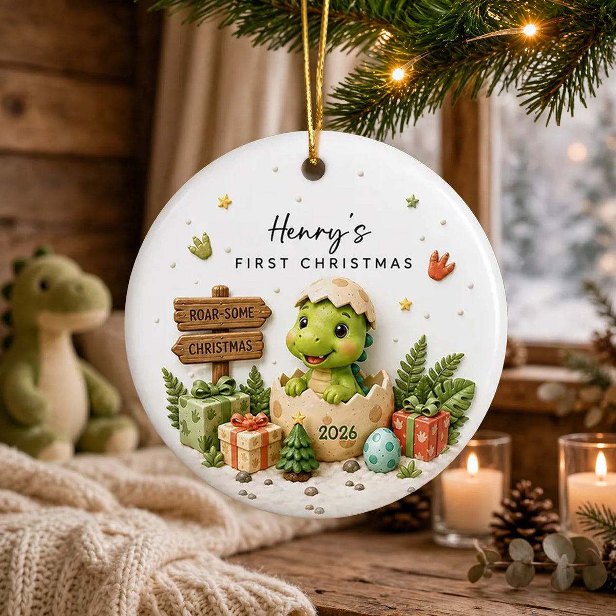 Personalized Ceramic Ornament With Cute Baby Dinosaur, Unique First Christmas Keepsake Gift for Baby