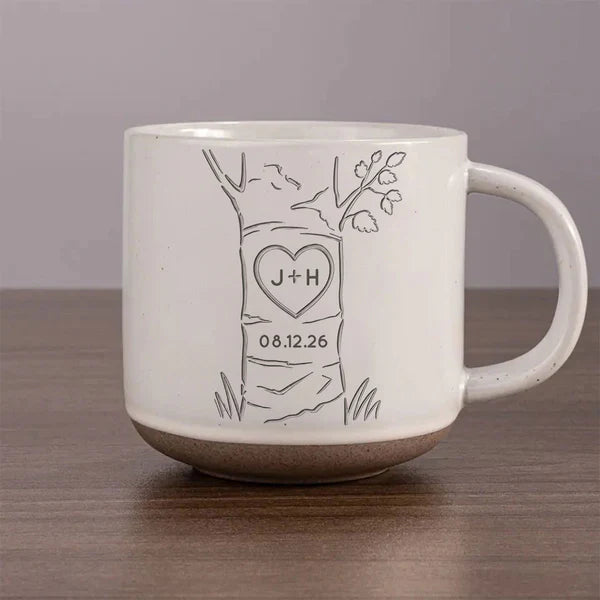 Personalized Pottery Mug, Carved Heart Tree Design, Unique Anniversary Gift for Couple