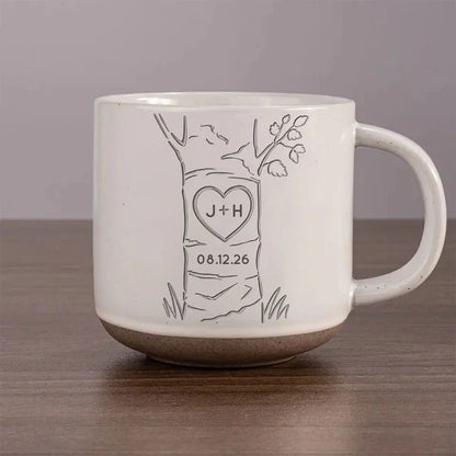 Personalized Pottery Mug, Carved Heart Tree Design, Unique Anniversary Gift for Couple