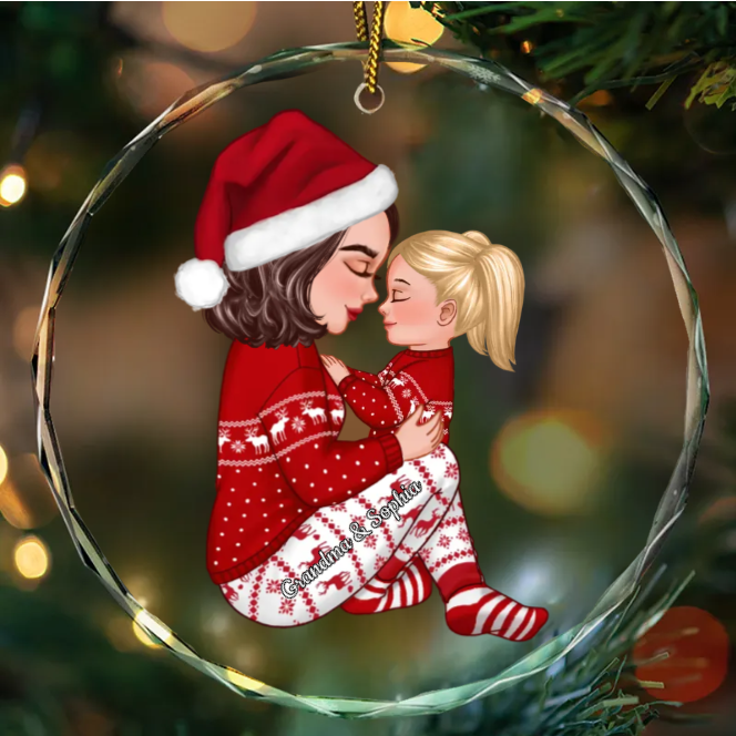 Christmas Tree Personalized Arcylic Ornament - Grandma Mom Hugging Kissing Kids