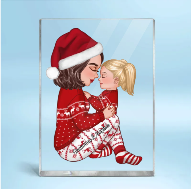 Christmas Tree Personalized Arcylic Ornament - Grandma Mom Hugging Kissing Kids