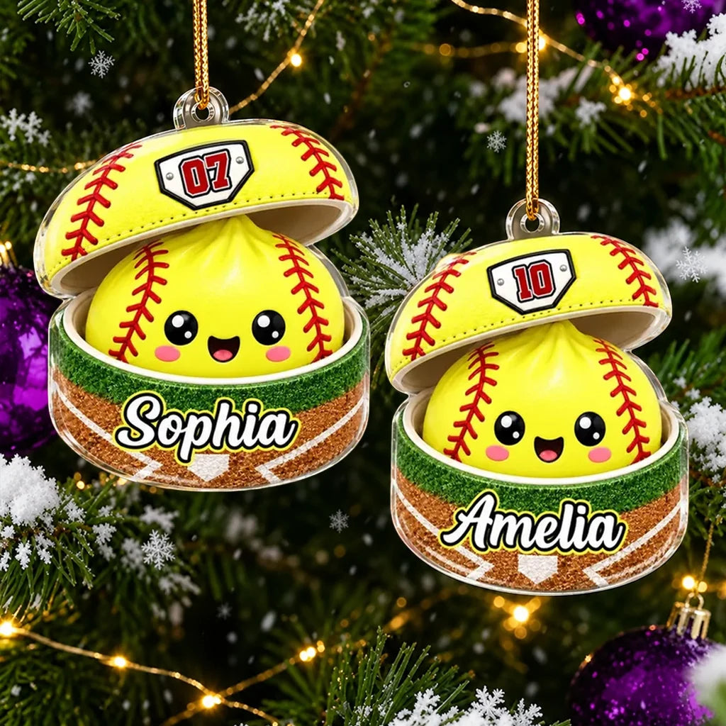 Personalized Softball Dumpling Acrylic Ornament, Cute Yellow Tree Decor, Unique Christmas Gift for Daughter, Son, Grandkids
