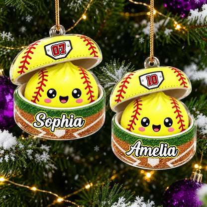 Personalized Softball Dumpling Acrylic Ornament, Cute Yellow Tree Decor, Unique Christmas Gift for Daughter, Son, Grandkids