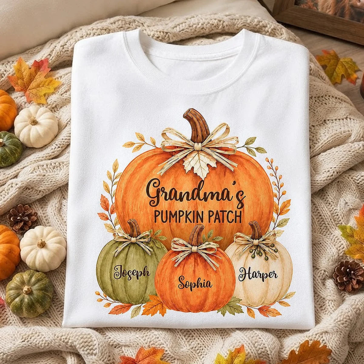 Personalized Classic Tee, Grandma's Watercolor Pumpkin Patch, Unique Fall Gift for Grandma