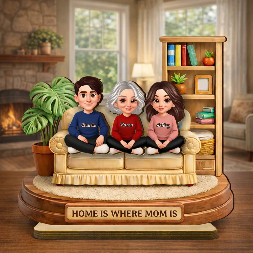Personalized 2-Layer Wooden Plaque, Home Is Where Mom Is Couch Family Scene, Unique Gift for Mom