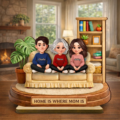 Personalized 2-Layer Wooden Plaque, Home Is Where Mom Is Couch Family Scene, Unique Gift for Mom