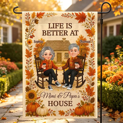 Personalized Garden Flag, Warm Autumn Family Welcome with Grandparents Holding Hands, Creative Gift for Family