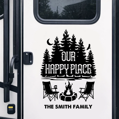Personalized Sticker Decal, Our Happy Place RV Campfire Design, Unique Gift for Campers & Family