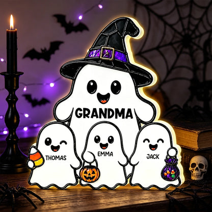 Personalized Acrylic Light Box, Cute Ghost Grandma Halloween Decor, Unique Gift With Warm Glow