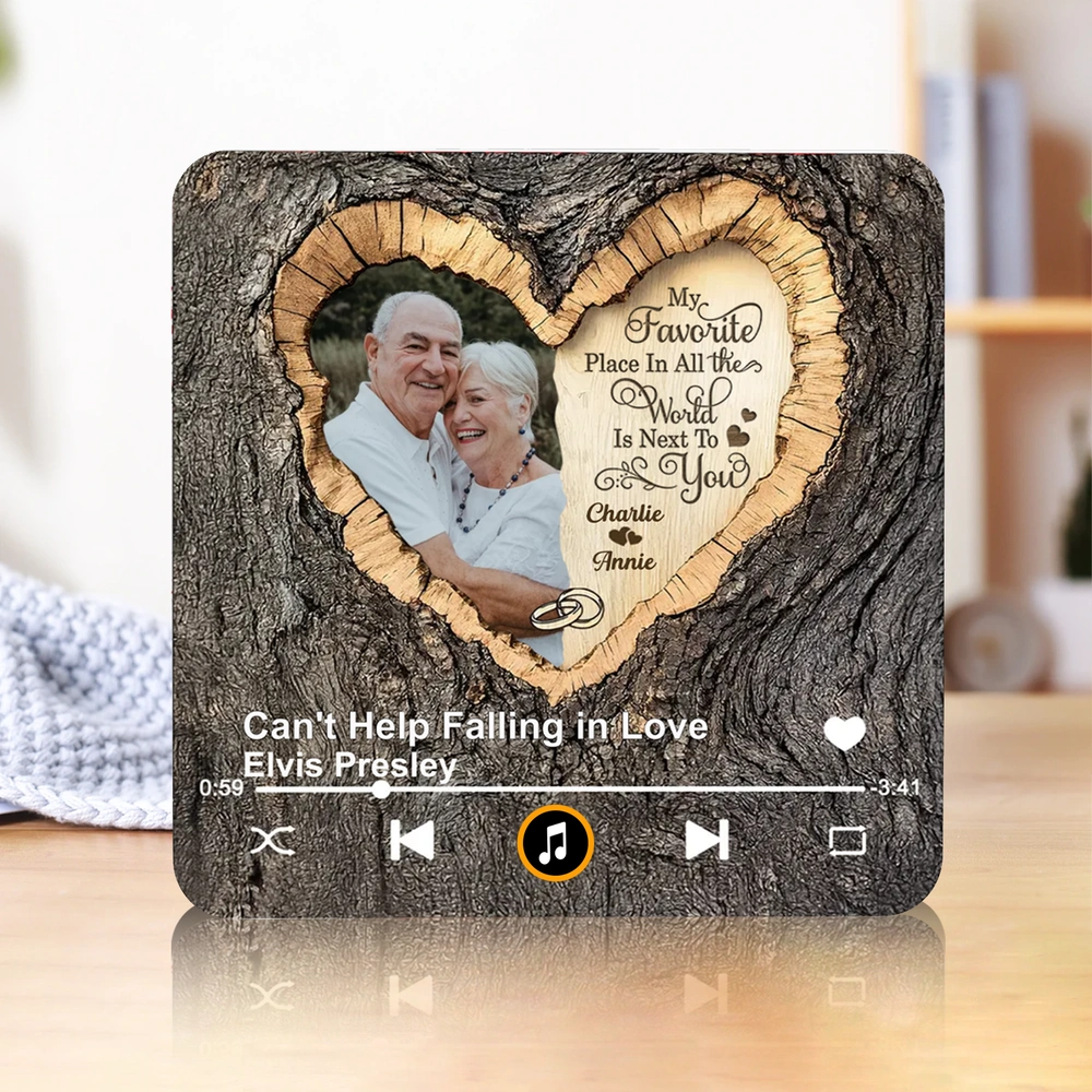 Personalized Acrylic Music Magnet with Couple Photo Heart Woodgrain Look, Romantic Fridge Decor, Unique Gift for Him or Her