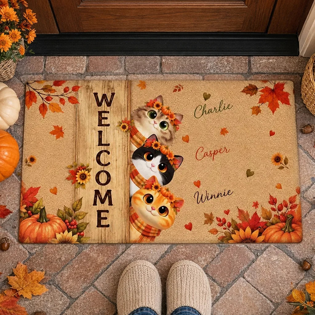 Personalized Fall Cat Standard Doormat, Peeking Cats Bring a Warm Autumn Welcome, Creative Gift for Pet Owners