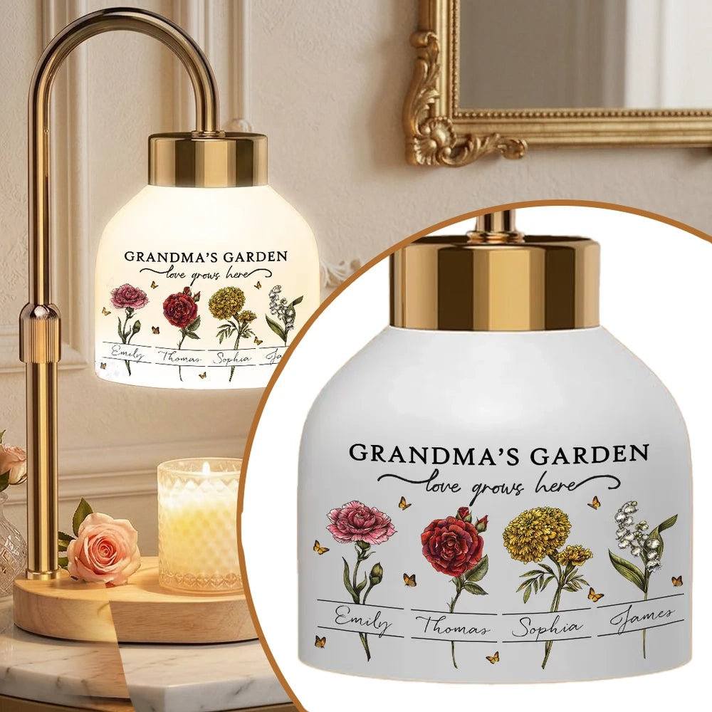 Grandma's Garden Candle Warmer Lamp, Personalized Floral Keepsake for Her Nightstand, Sweet Unique Gift from Grandkids