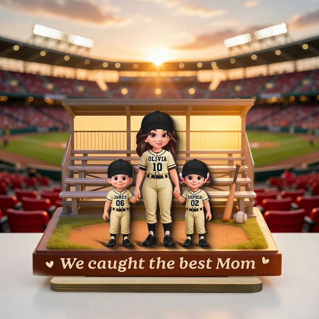 Personalized 2-Layer Wooden Plaque Baseball Bleachers Mom Holding Kids' Hands We Caught The Best Mom Unique Gift