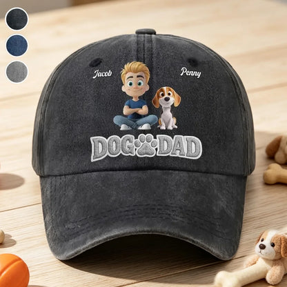 Personalized Unstructured Washed Cotton Cap With Cartoon Dog Dad Art, Unique Gift for Dog Lover