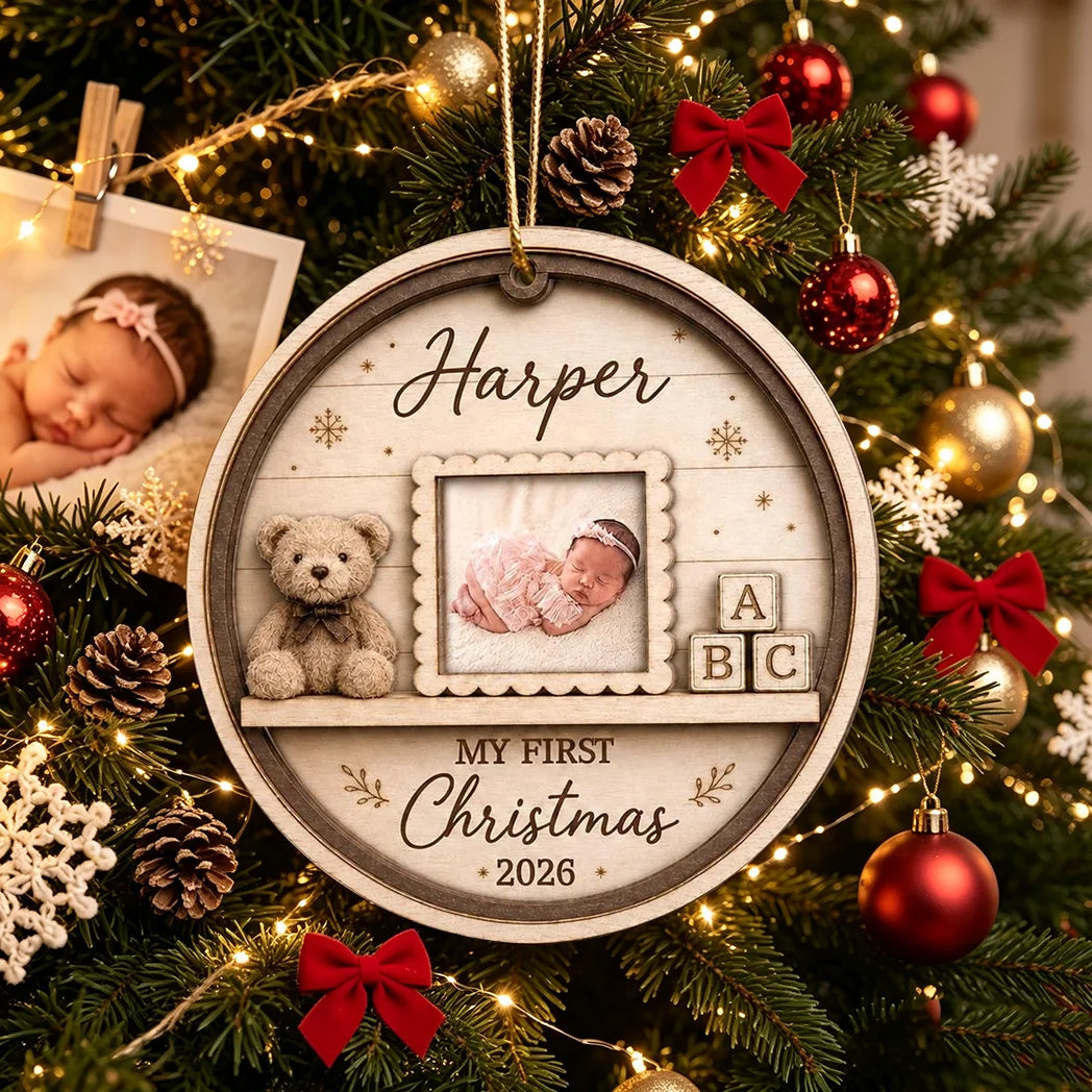 Personalized 2-Layer Wooden Ornament, Sleeping Baby Nursery Scene, Unique First Christmas Gift for New Parents