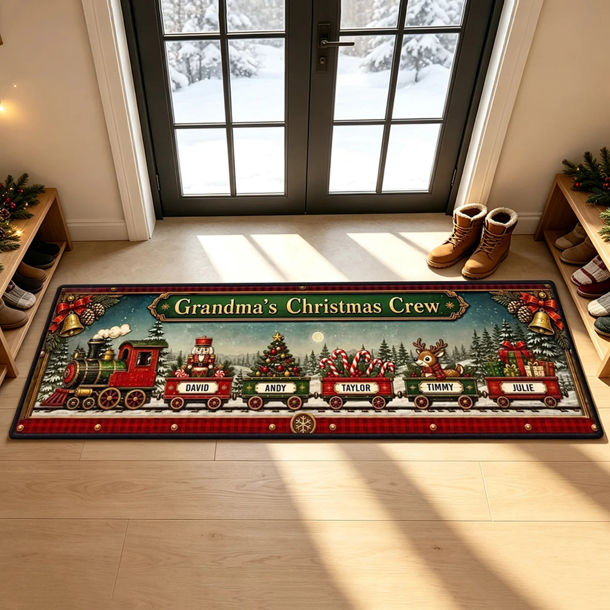 Personalized Standard Doormat, Snowy Christmas Train Design, Unique Gift for Grandma