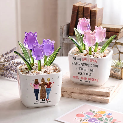 Square Glass Planter, Personalized Pink and Purple Tulips with Arm in Arm Friends, Unique Gift for Best Friend