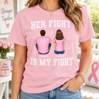 Her Fight Is My Fight Classic Tee, Personalized Seated Couple Illustration, Breast Cancer Awareness Support, Creative Gift