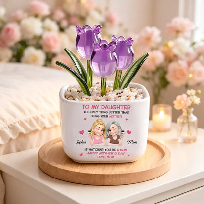 Personalized Square Glass Planter with Purple Tulips, Unique Creative Gift for Daughter From Mom
