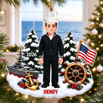 Personalized Acrylic Ornament, Standing Cartoon Navy Sailor in Snowy Scene, Unique Christmas Gift for Service Members