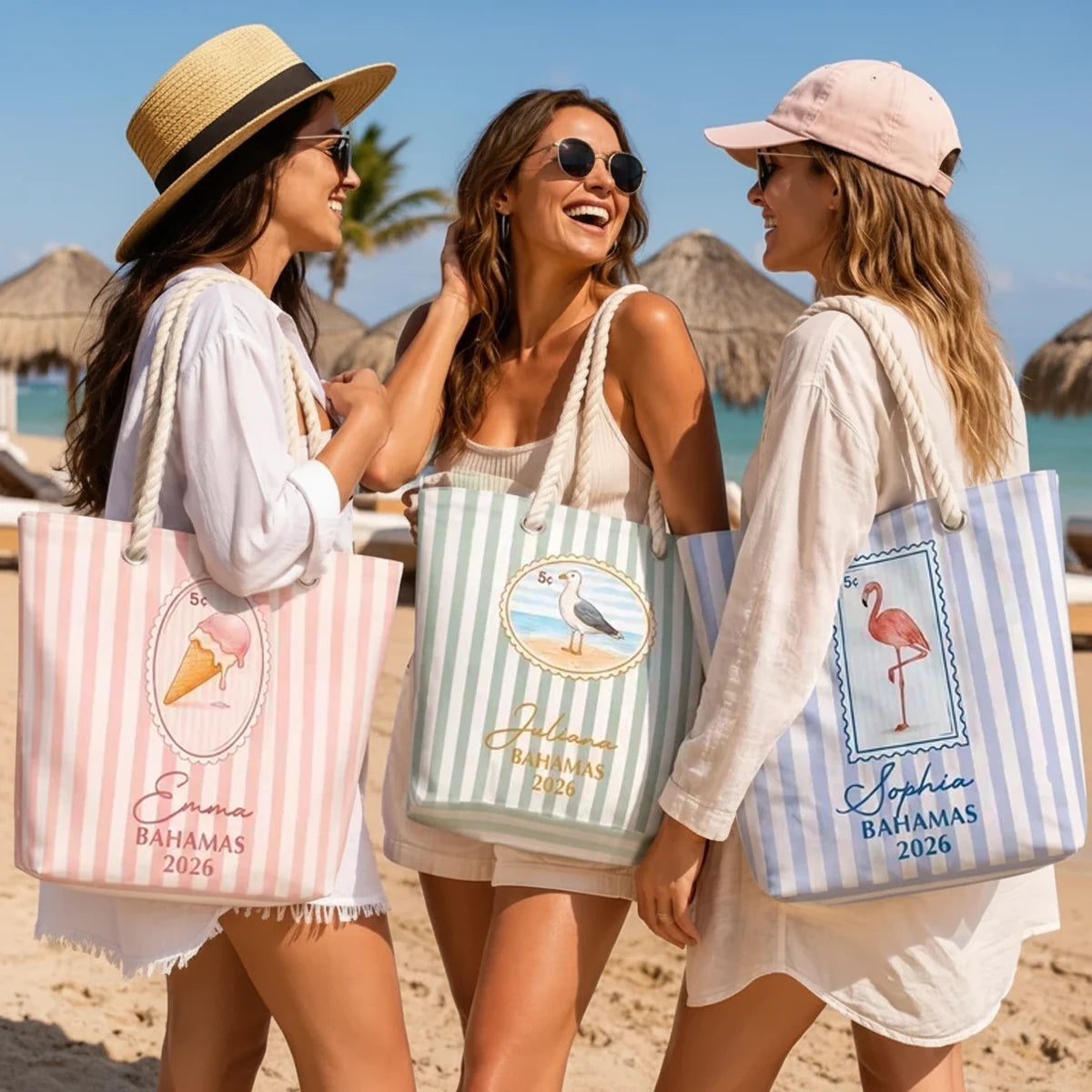 Personalized Rope Handle Canvas Bag, Pastel Design for Laughing Friends on a Sunny Beach, Unique Travel Gift