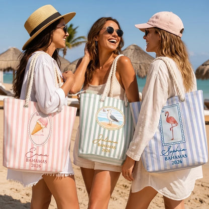 Personalized Rope Handle Canvas Bag, Pastel Design for Laughing Friends on a Sunny Beach, Unique Travel Gift