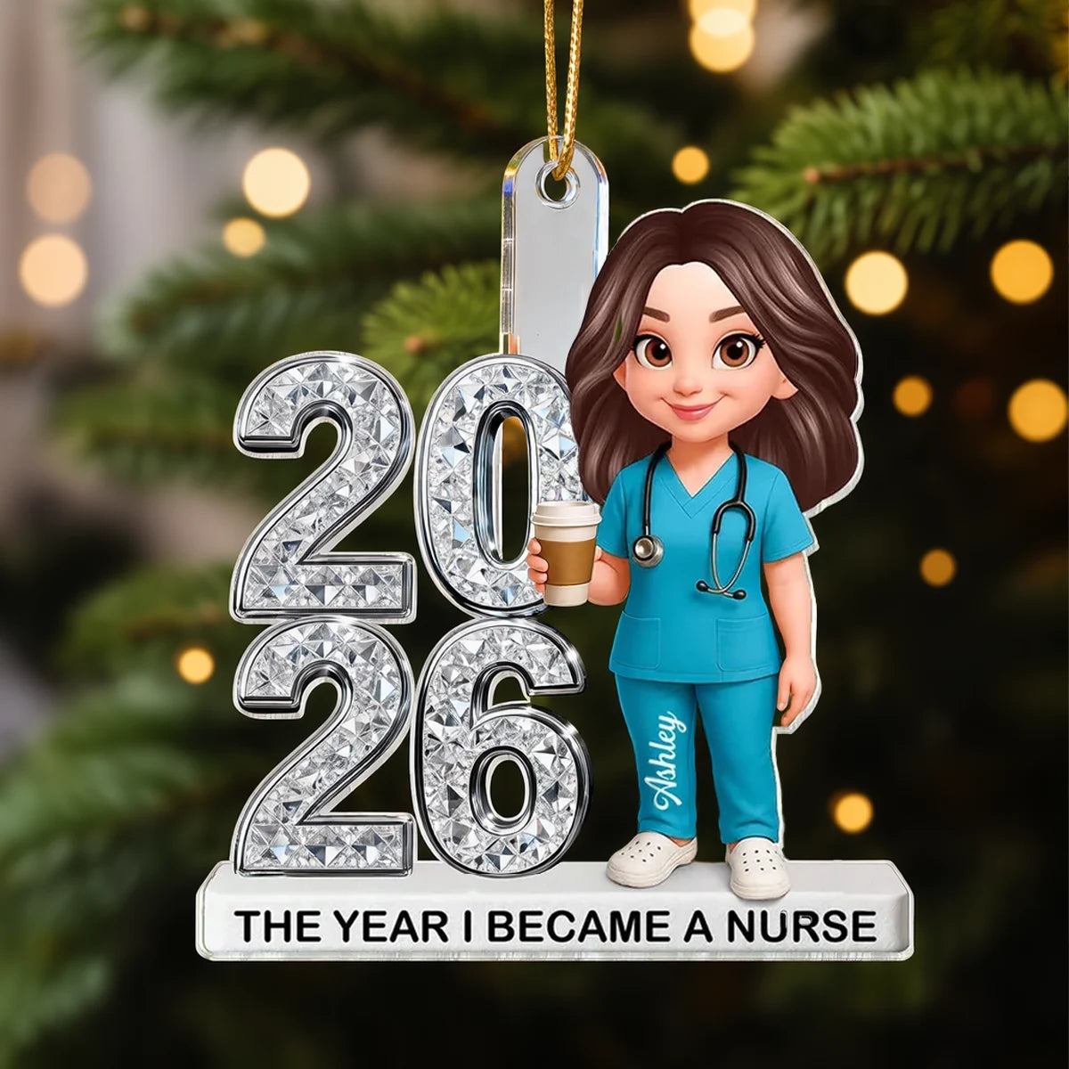 Personalized Acrylic Ornament, Proud Nurse Holding Coffee on a Christmas Tree, Creative Milestone Gift