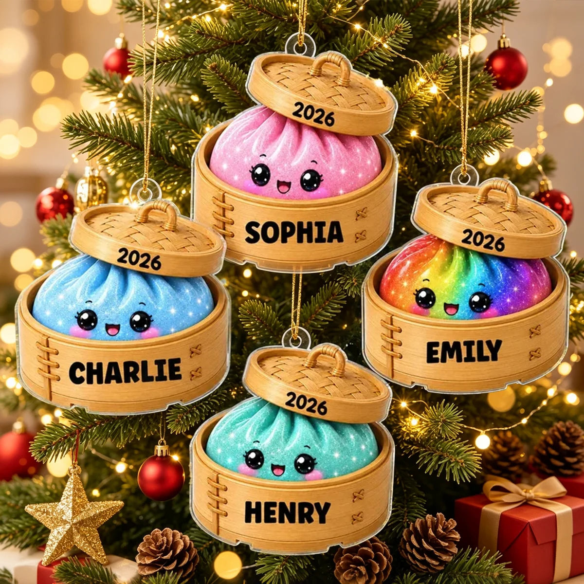 Personalized Acrylic Ornament, Cute Squishy Dumpling in Bamboo Steamer, Unique Christmas Gift for Kids