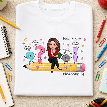 Personalized Classic Tee with Cartoon Teacher on Pencil, Colorful Grammar Design, Unique Gift for Educators