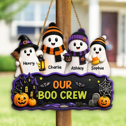 Our Boo Crew Wooden Sign, Personalized Ghost Family with Pumpkins and Haunted House, Creative Gift for Family