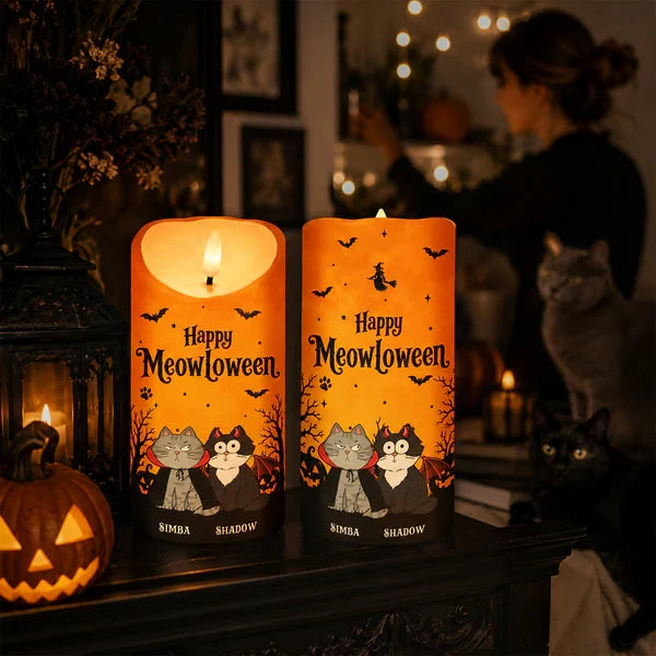Personalized Flameless LED Candle with Cat Halloween Art, Unique Gift for Cat Mom & Pet Lover