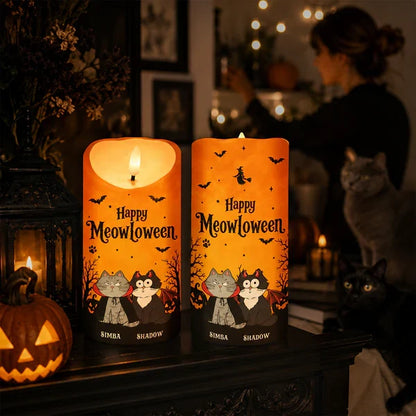 Personalized Flameless LED Candle with Cat Halloween Art, Unique Gift for Cat Mom & Pet Lover