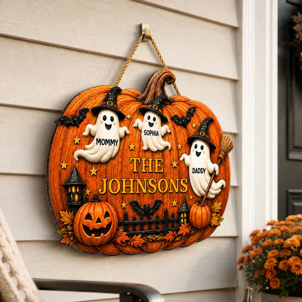 Personalized Wooden Sign With Cute Ghost Family & Pumpkin Decor, Unique Creative Gift For Family