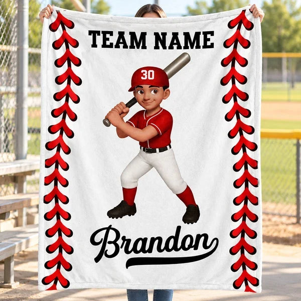 Personalized Fleece Blanket, Cartoon Baseball and Softball Player Holding a Bat, Unique Gift for Son or Daughter