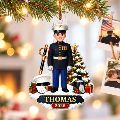 Personalized Acrylic Ornament, Marine in Dress Uniform Beside a Snowy Christmas Tree, Unique Gift for Service Members