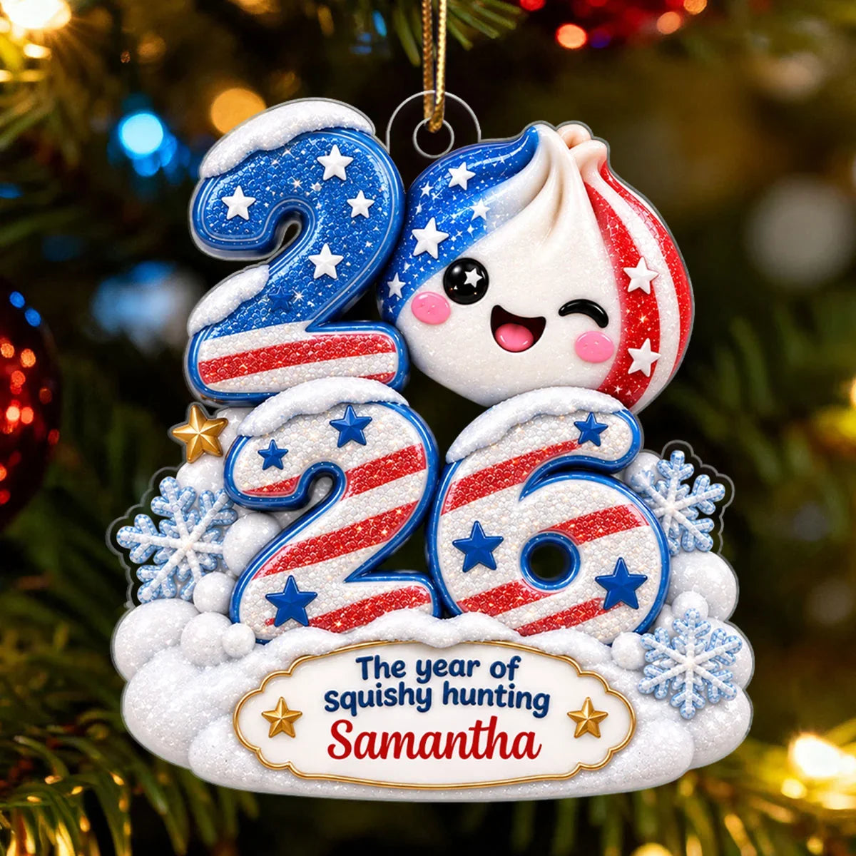 Personalized American Flag Squishy Hunting Christmas Ornament, Custom Name & Year, Fun Patriotic Keepsake for Teens