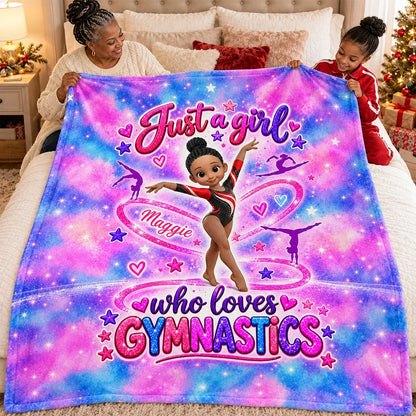 Personalized Fleece Blanket, Posing Cartoon Gymnast in Pink Galaxy Style, Unique Gift for Daughter