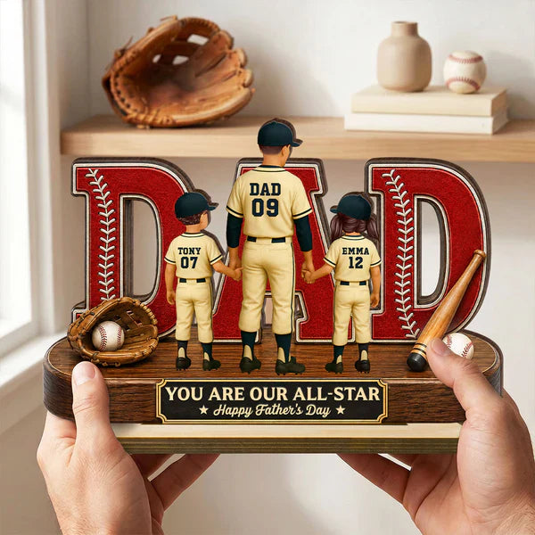 Personalized 2-Layer Wooden Plaque for Dad, Baseball All-Star Family Unique Gift with Kids Holding Hands