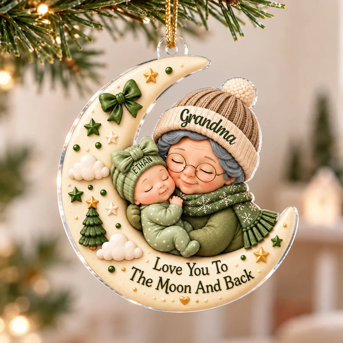 Personalized Acrylic Ornament, Grandma Cuddling Baby on Crescent Moon, Unique Christmas Gift for Grandma